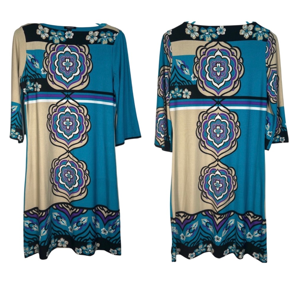 Forever 21 Womens Blue Mandala Print Shift Dress 3/4 Sleeve Boho Boat Neck Small